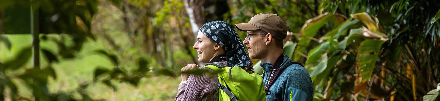 Pareja disfrutando de una caminata en el bosque nuboso de Monteverde, rodeada de exuberante vegetación.