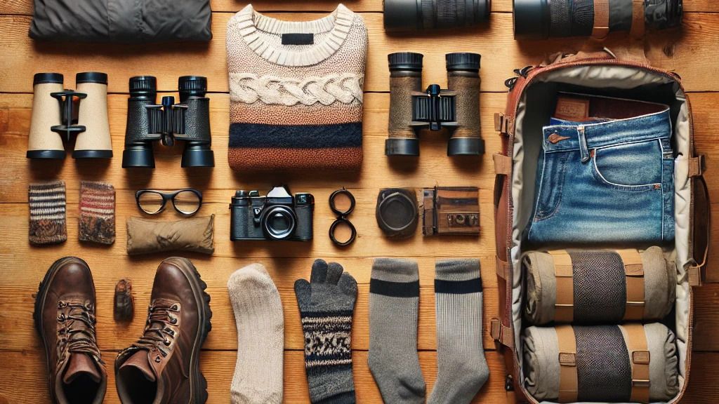 A set of clothing and gear for exploring Monteverde, including boots, jackets, binoculars, and cameras.