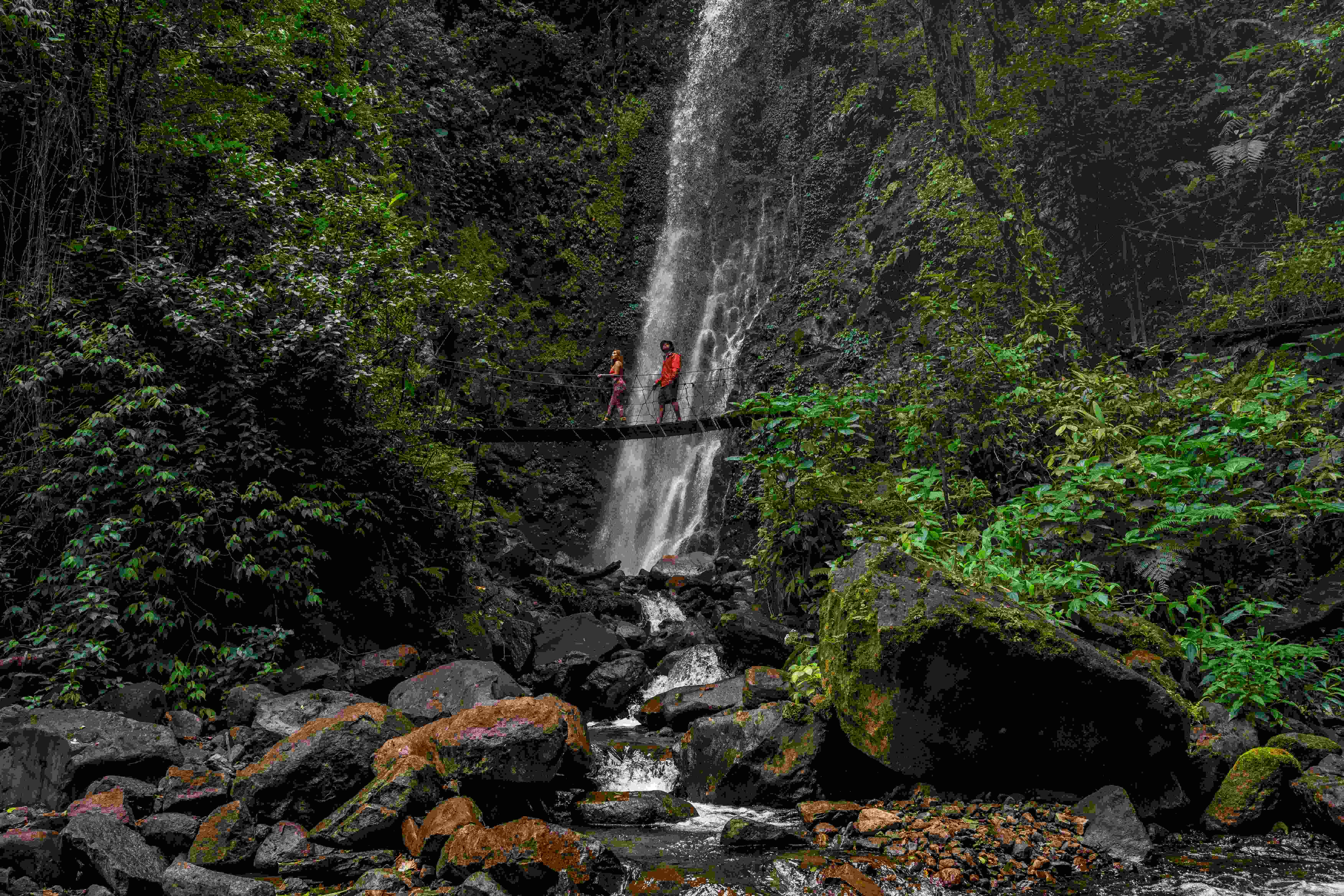 Two people crossing a hanging bridge in front of a stunning waterfall in Monteverde, Costa Rica.