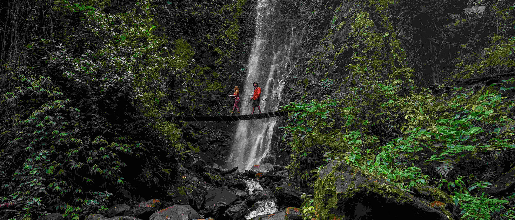 Two people crossing a hanging bridge in front of a stunning waterfall in Monteverde, Costa Rica.